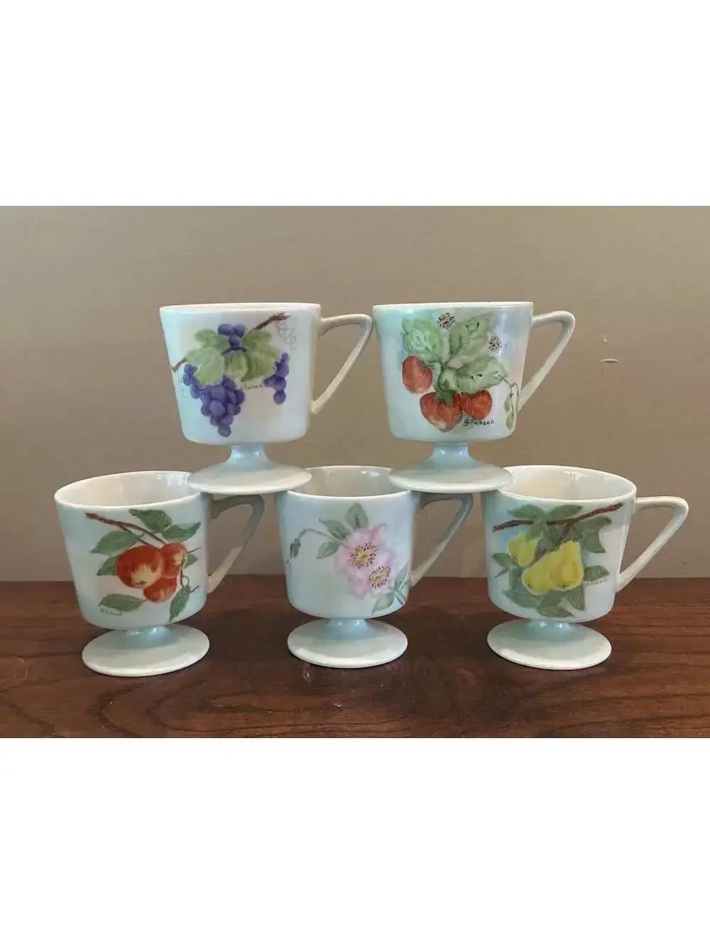 Vintage Footed Mugs Hand Painted Fruit Ceramic Coffee Cups by G. Tubach Set of 5